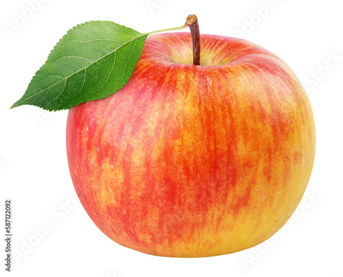 Ripe red yellow apple fruit with green leaf isolated on transparent background