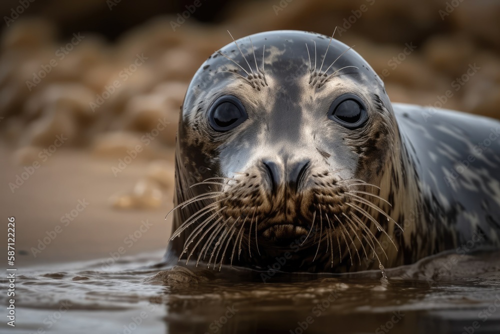 Fototapeta premium During low tide, a common seal (Phoca vitulina) is seen resting on a sandy shore. Generative AI
