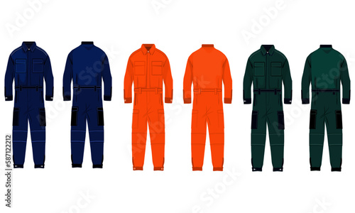 set of three colors overalls for workers, working uniform, front and back view, vector illustration