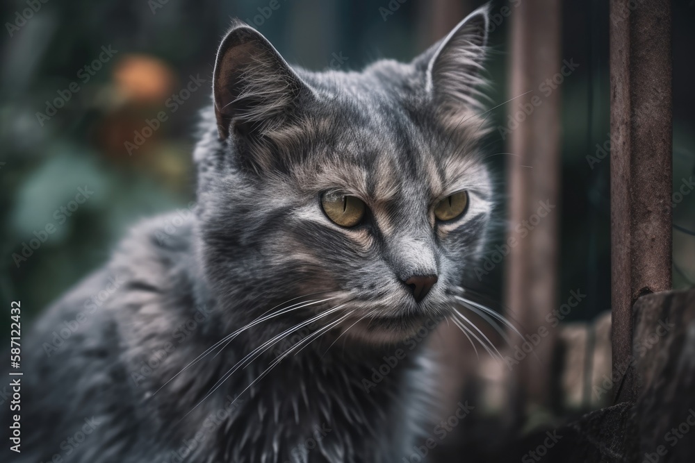 gray stray cat by the fence, filthy. Generative AI