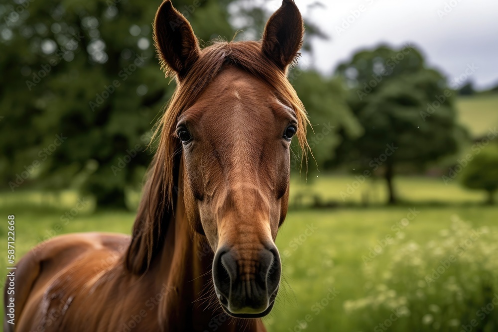 Fototapeta premium Gorgeous portrait of a thoroughbred Bay horse with an inquisitive expression, taken in the Cotswolds in Gloucestershire, the United Kingdom. Generative AI