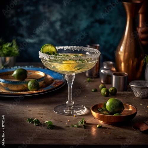 A refreshing margarita with lime. Generative AI. 