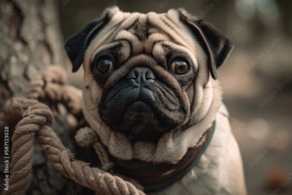 Pug with a natural rope in his jaws, in tan fur. Generative AI