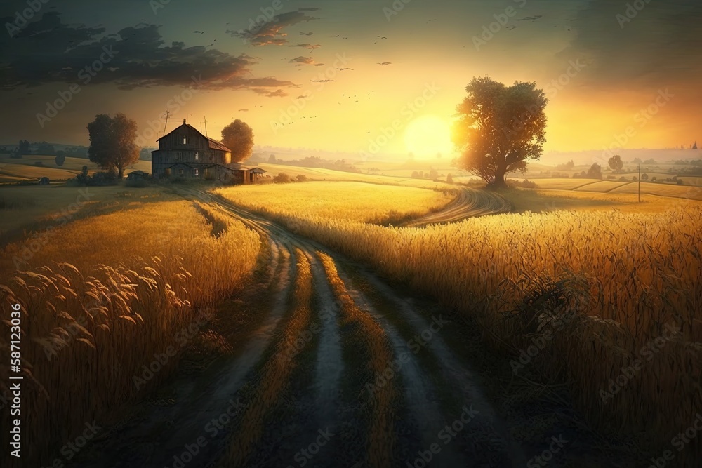 Obraz premium A Fields' Captivating Serenity at the Setting Sun Generative AI