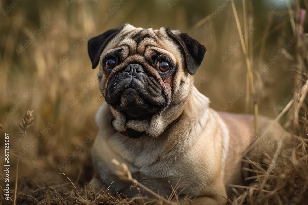 Cute pug dog sitting and paying close attention to the photographer in a portrait. copy space on a grassy background. Generative AI