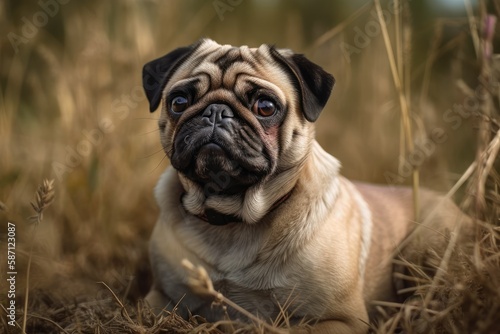 Cute pug dog sitting and paying close attention to the photographer in a portrait. copy space on a grassy background. Generative AI