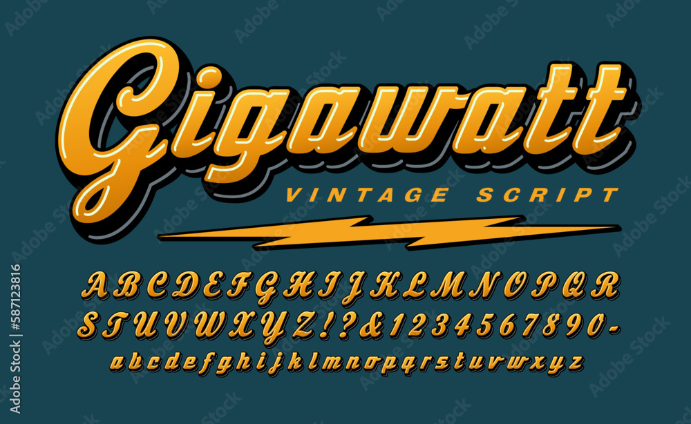 Gigawatt is an old-style squared script font with a 1950s vibe. Good logo font for vintage tech, sports team, or electrician. - obrazy, fototapety, plakaty 