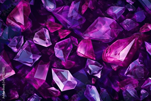 purple crystals on a black background, sparkling and shining. Generative AI