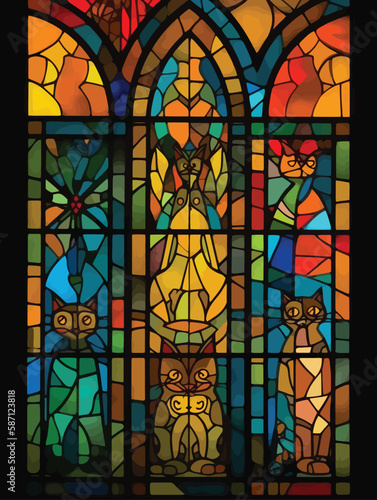 Cute cat family vector illustration. Stained glass style.