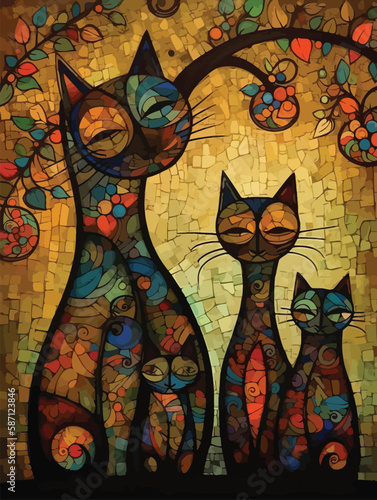Cute cat family vector illustration. Stained glass style.