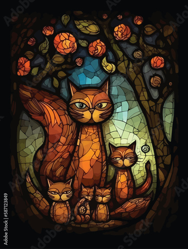 Cute cat family vector illustration. Stained glass style.
