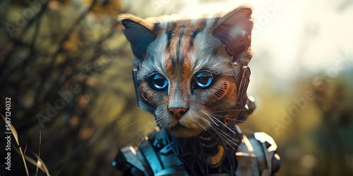 amazing photography of a cyborg cat in the nature, futuristic, robot implants photo