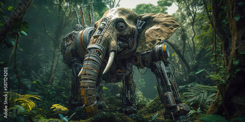 amazing photography of a cyborg elephant in the jungle, jungle, futuristic, robot implants © Fernando