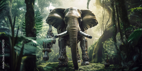 amazing photography of a cyborg elephant in the jungle, jungle, futuristic, robot implants