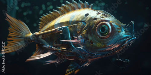 amazing photography of a cyborg fish in the ocean, sea, futuristic, robot implants