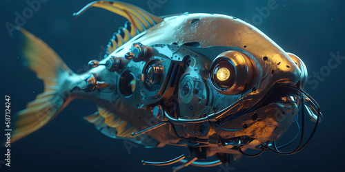 amazing photography of a cyborg fish in the ocean, sea, futuristic, robot implants photo