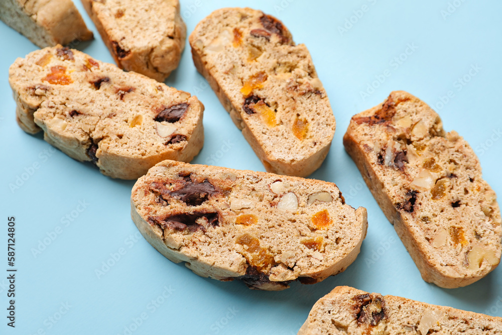 Delicious biscotti cookies on blue background Delicious biscotti cookies on blue background