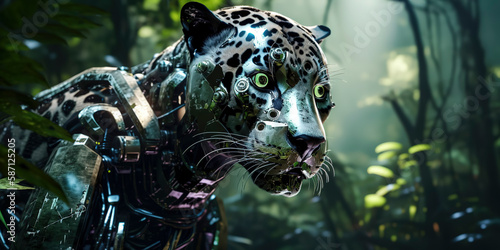 amazing photography of a cyborg jaguar in the jungle, jungle, futuristic, robot implants photo