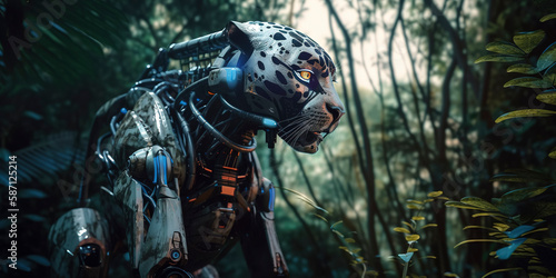 amazing photography of a cyborg jaguar in the jungle, jungle, futuristic, robot implants