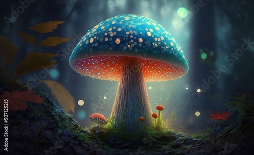 Magic mushroom in the forest glowing in the night, generative ai.