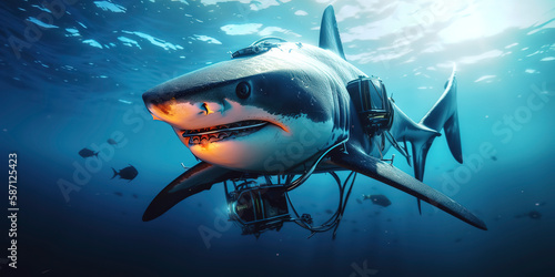 amazing photography of a cyborg white shark in the ocean, sea, futuristic, robot implants