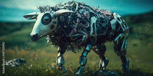 amazing photography of a cyborg sheep in the nature  futuristic  robot implants