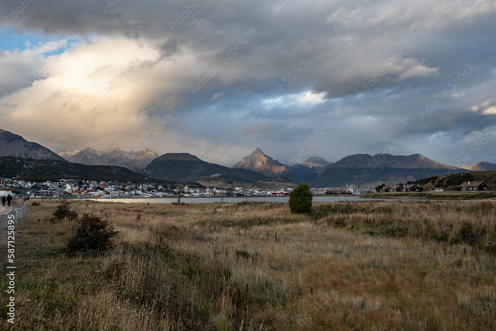 Ushuaia and Beagle Channel from the waterfront boulevard. The city, the port and the mountains