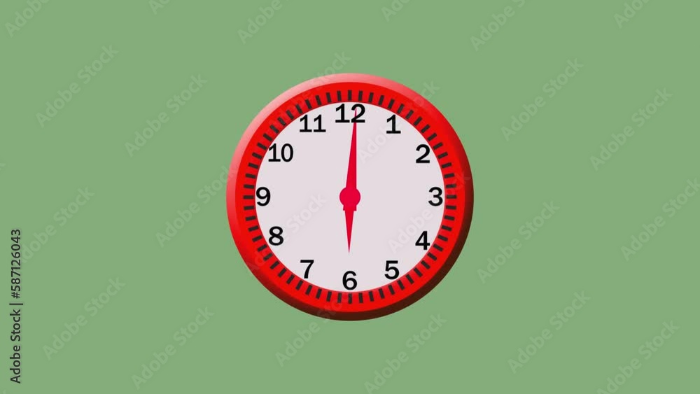 Close-up of a old-fashioned antiquated wall clock with digital numerals on the clock face. clock with red frame on a sky blue background. Close-up of a old-fashioned antiquated wall clock with digital numerals on the clock face. clock with red frame on a sky blue background.