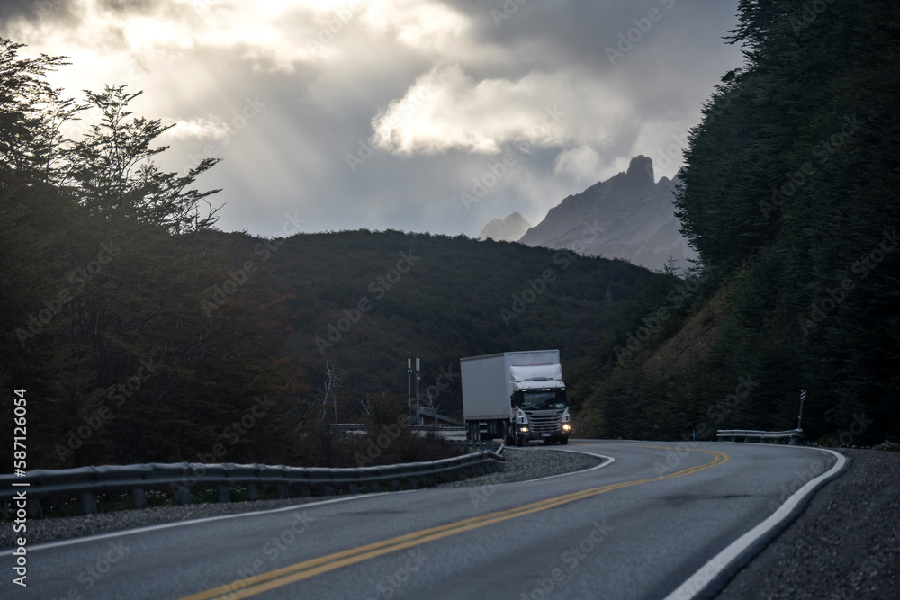 A single truck comes along route 3 on the way from Ushuaia in Tierra del Fuego. A single truck comes along route 3 on the way from Ushuaia in Tierra del Fuego.