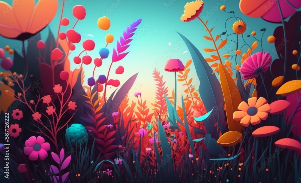 Colorful flowers and grass painted background. generative ai