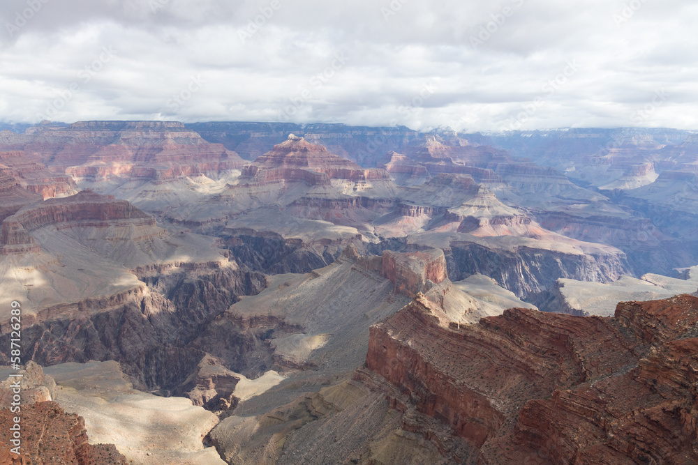 Views from the South Rim of the snowy Grand Canyon National Park, Arizona, USA