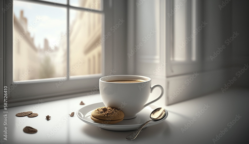 a cup of coffee and a cookie on a window sill. Generative Ai a cup of coffee and a cookie on a window sill. Generative Ai