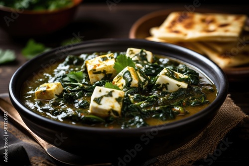 Served in a Karahi with Roti or Chapati with a gloomy backdrop, the popular Indian dish Palak Paneer Curry is created with spinach and cottage cheese. discerning concentration. Generative AI photo