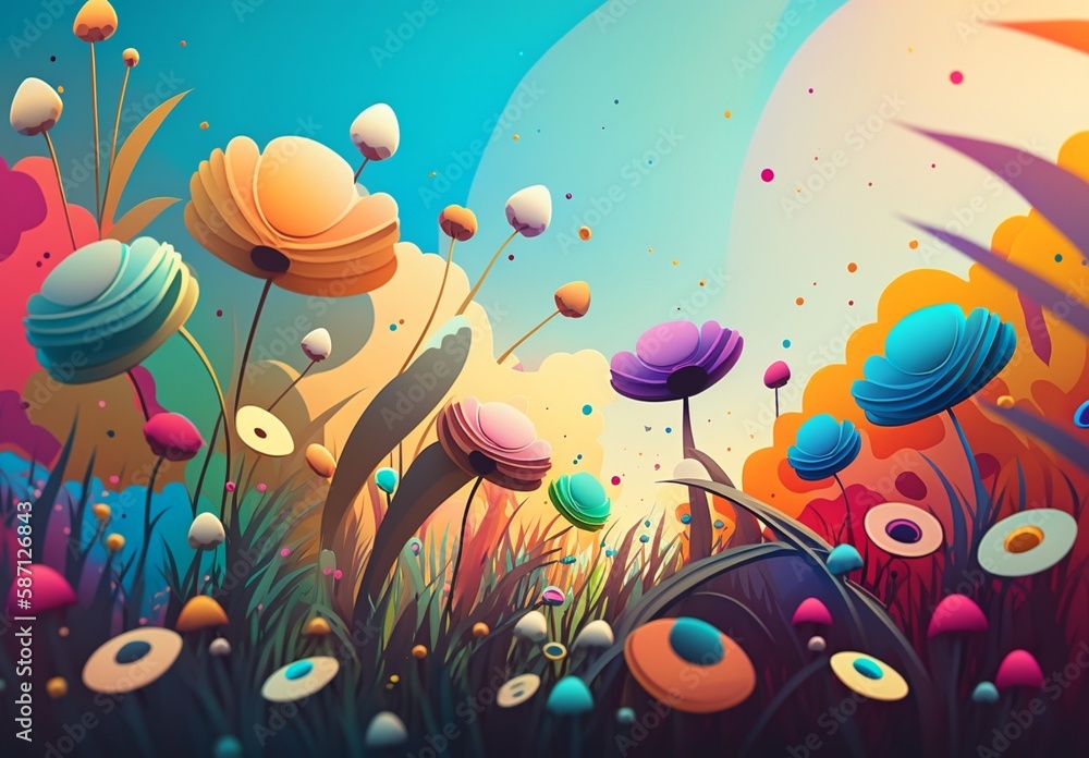 Colorful flowers and grass painted background. generative ai Colorful flowers and grass painted background. generative ai
