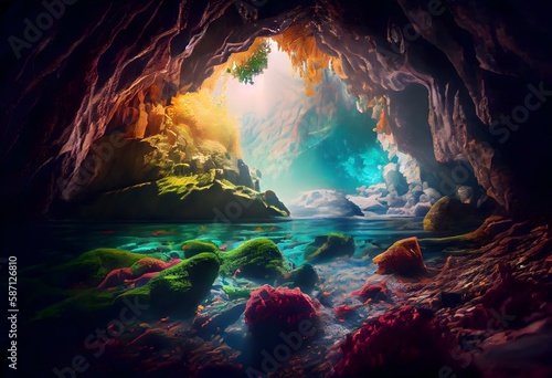 colorful crystal cave inside the mountain with waterfall, ai generative