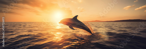 Dolphin jumping out of the sea  photo at the perfect moment  sunset  orange reflection in the water.