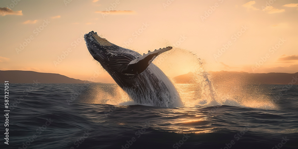 Fototapeta premium Ocean Humpback Whale Breaching Sunrise.
