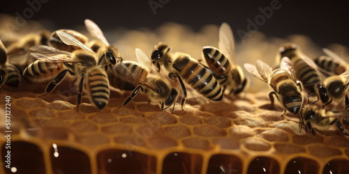 group of bee on the honeycomb producing honey.
