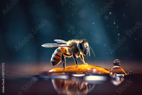 macro photography of a bee on water, honeybee macro. © Fernando