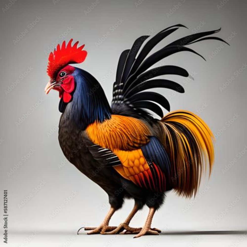 Majestic rooster portrait showcases its vibrant plumage and intense gaze. Soft focus background adds depth and dimension.