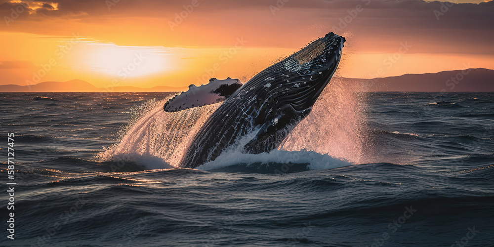 Fototapeta premium Ocean Humpback Whale Breaching Sunrise.