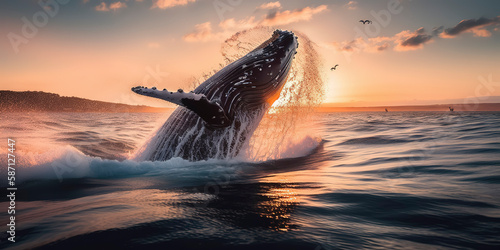 Ocean Humpback Whale Breaching Sunrise. © Fernando