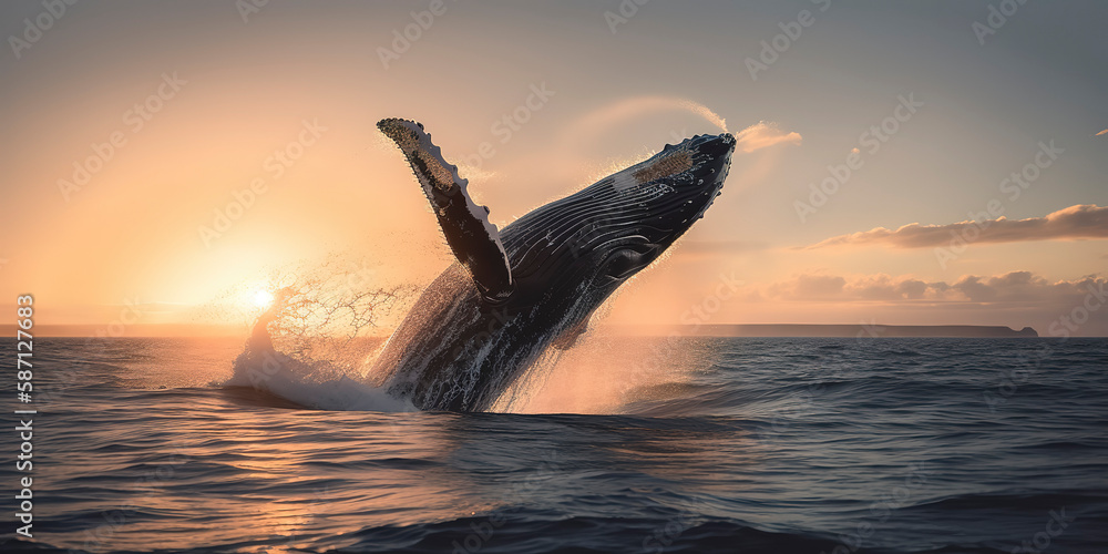 Fototapeta premium Ocean Humpback Whale Breaching Sunrise.
