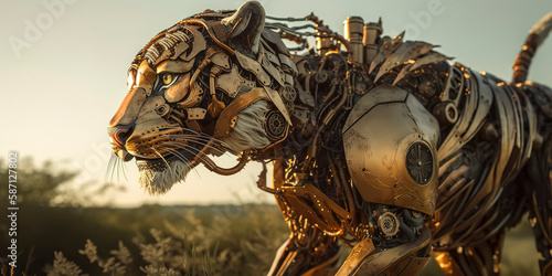 photography of a Steampunk Tiger in nature, nature background, futuristic, cyberpunk implants. © Fernando