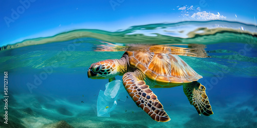 Plastic pollution in ocean environmental problem. Litte cute baby turtle plunged into the water eat plastic bags mistaking them for jellyfish with colorful Coral reefs. Water ripple. © Fernando