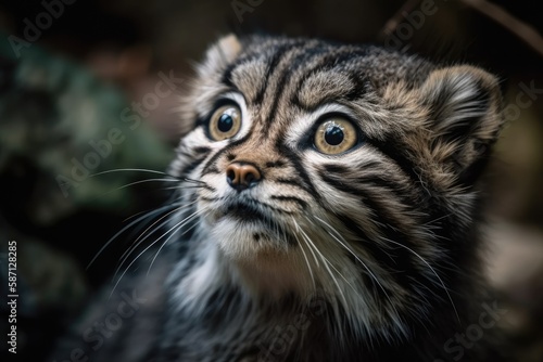 One adorable Manul kitten (also known as the Pallas's cat or Otocolobus manul) is seen in an up close, low angle photograph. Generative AI © AkuAku