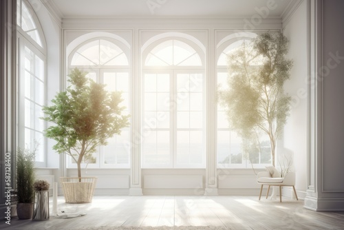 bright and airy room with a large window and a vibrant potted plant. Generative AI