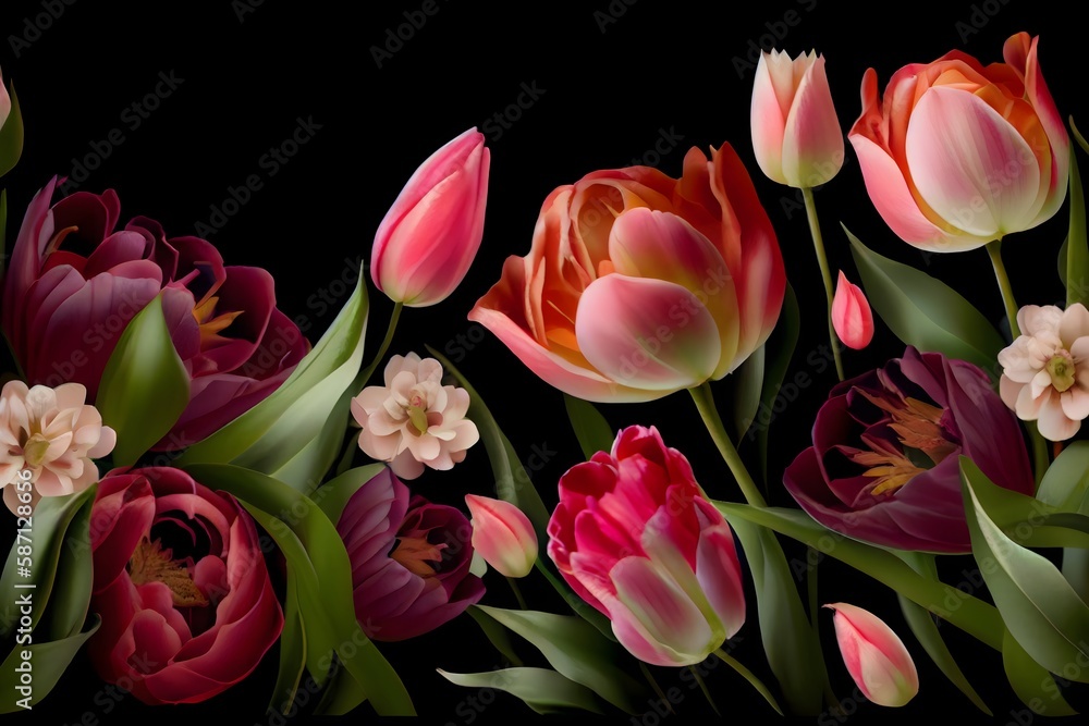 Colorful tulips laid flat on black background. Generative AI
