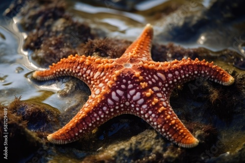vibrant orange starfish resting on a rocky surface. Generative AI © AkuAku