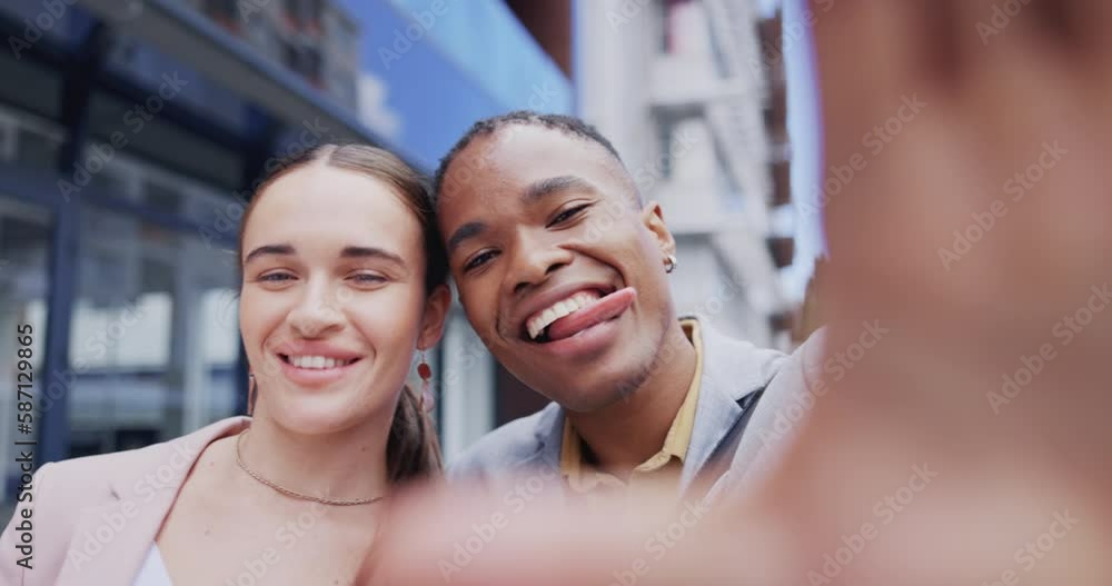 Selfie, happy and couple in the city, interracial and bonding with smile, quality time and carefree. Portrait, black man and woman in town, outdoor and take picture for memories and loving together Selfie, happy and couple in the city, interracial and bonding with smile, quality time and carefree. Portrait, black man and woman in town, outdoor and take picture for memories and loving together